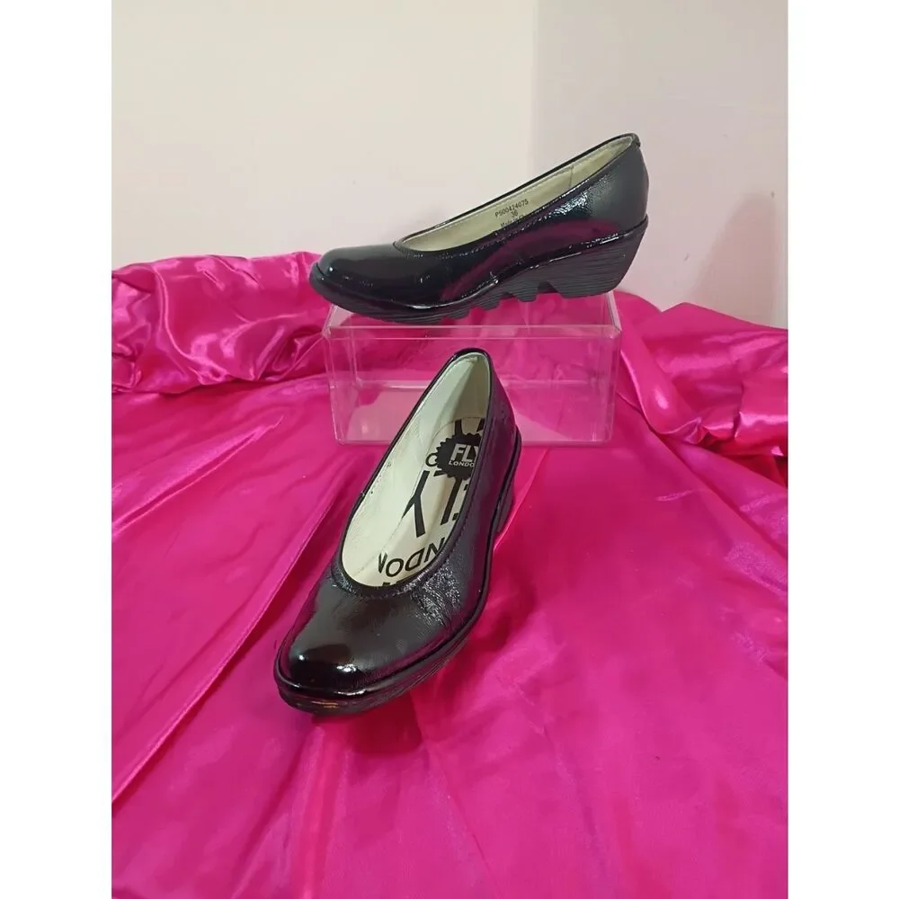 FLY London Black Patent Leather Yaz Wedge Pump Women's EU Size 36 US 5.5-6.